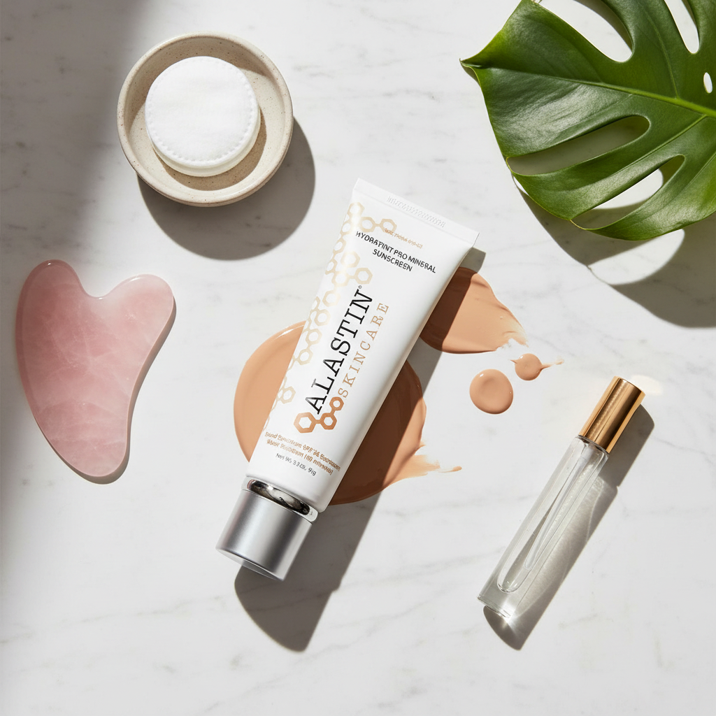 Alastin HydraTint Pro Mineral Sunscreen lifestyle flat lay