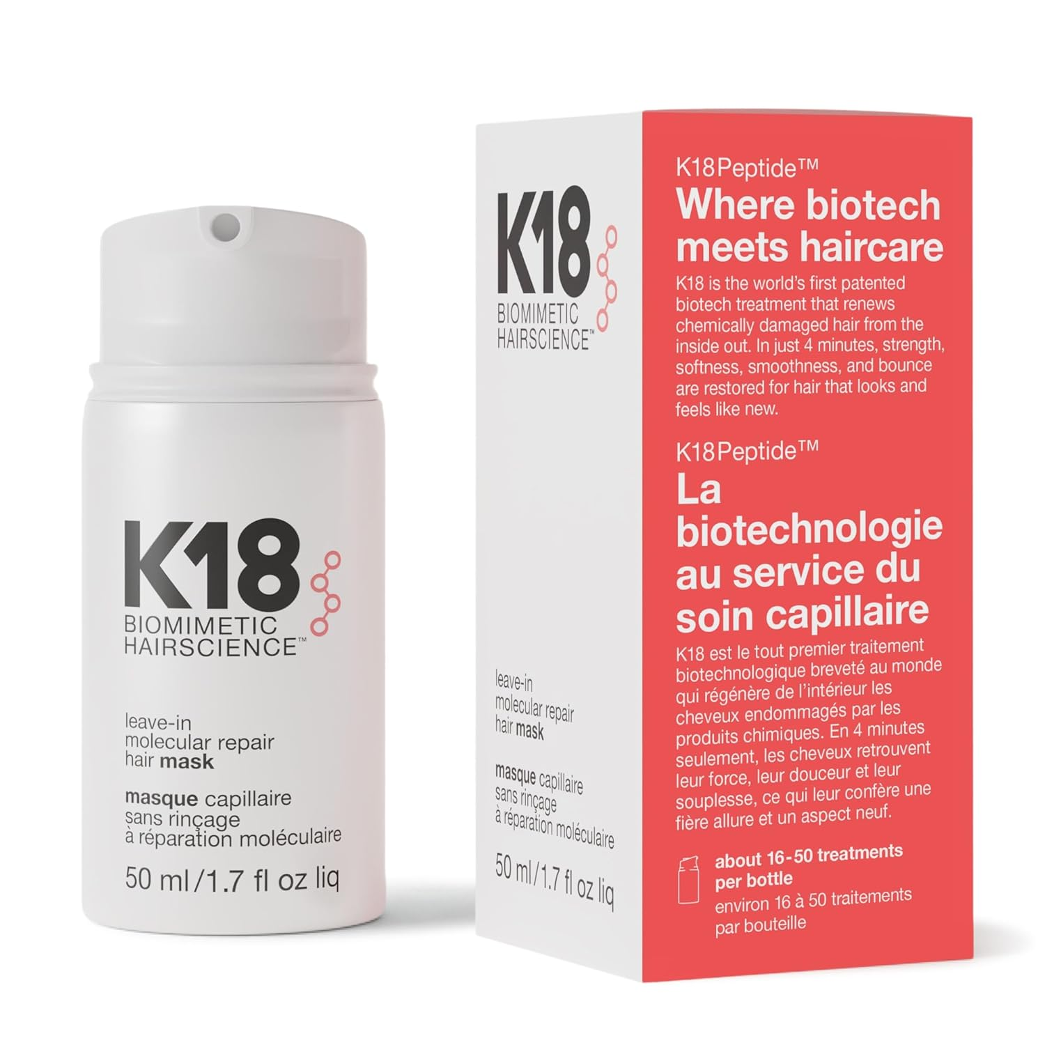 K18 Leave-In Molecular Repair Hair Mask 50ml product and packaging