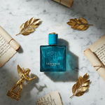 Versace Eros lifestyle flat lay with Greek mythology elements