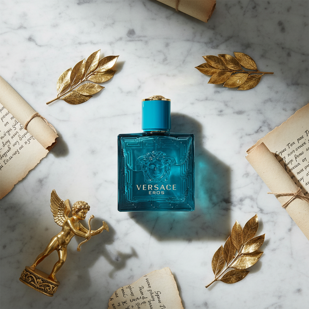 Versace Eros lifestyle flat lay with Greek mythology elements