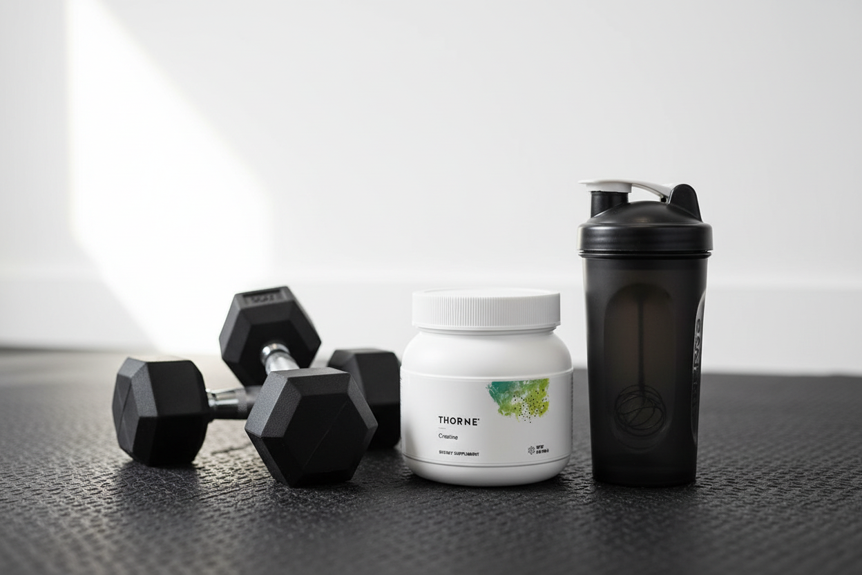 Thorne Creatine gym lifestyle with dumbbells