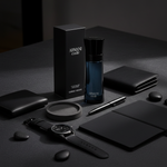 Armani Code EDT lifestyle flat lay with masculine accessories