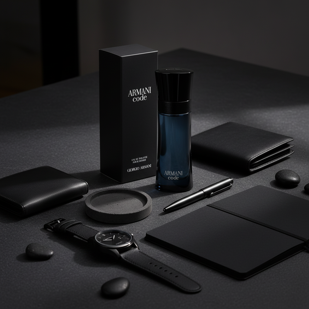 Armani Code EDT lifestyle flat lay with masculine accessories