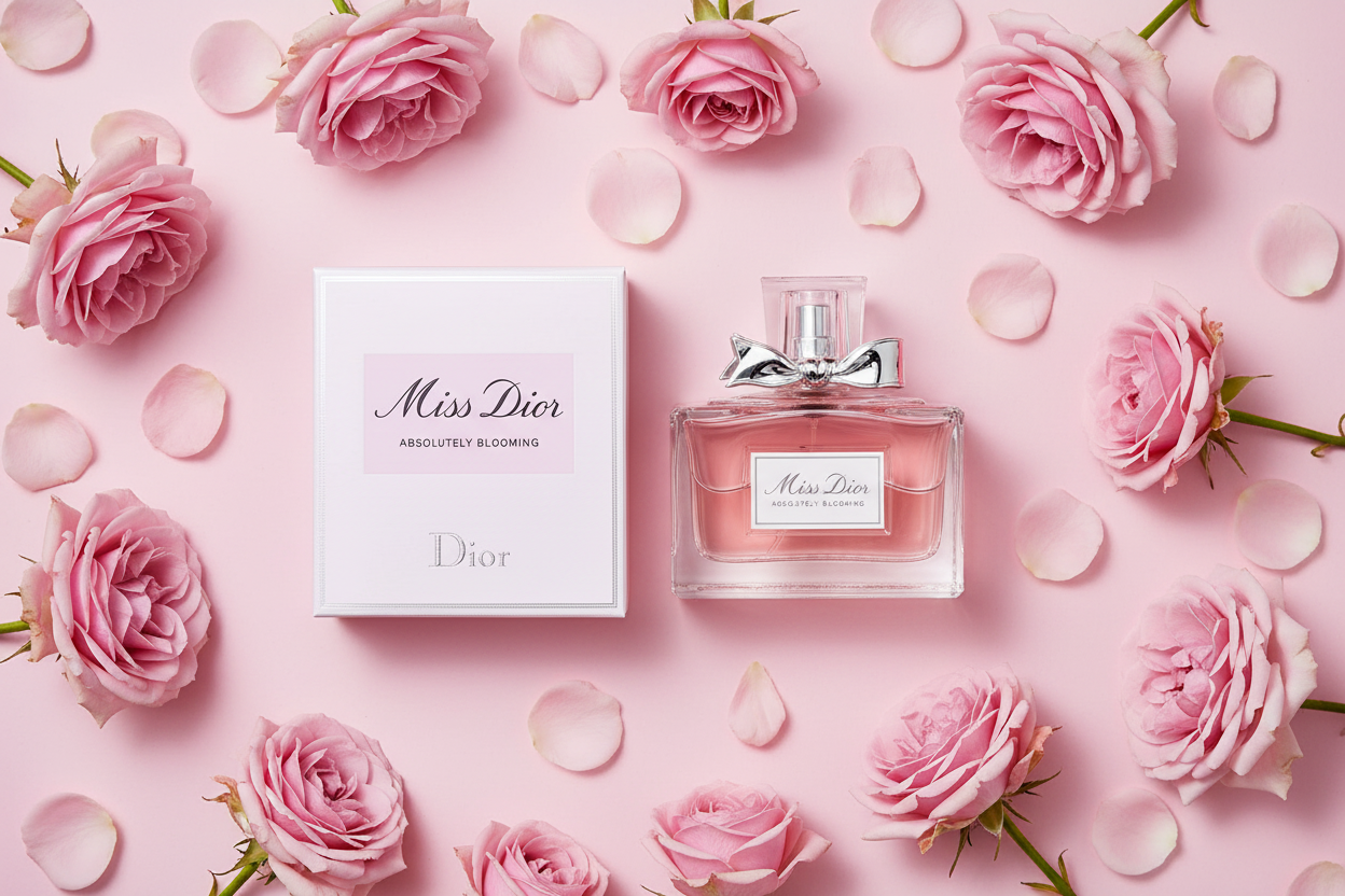 Miss Dior Absolutely Blooming flat lay with pink roses