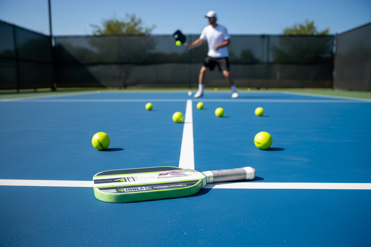 JOOLA Kosmos V Pro paddle on outdoor pickleball court