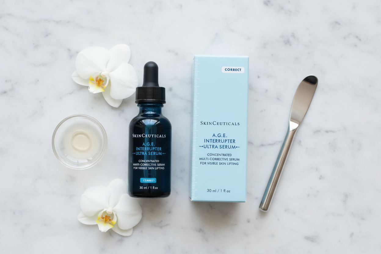 SkinCeuticals A.G.E. Interrupter Ultra Serum luxury flat lay