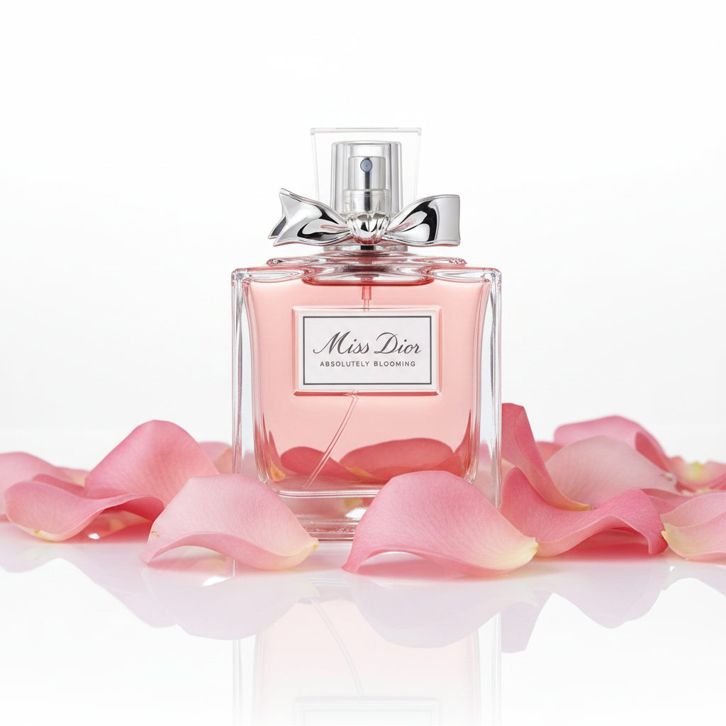 Miss Dior Absolutely Blooming bottle close-up with rose petals
