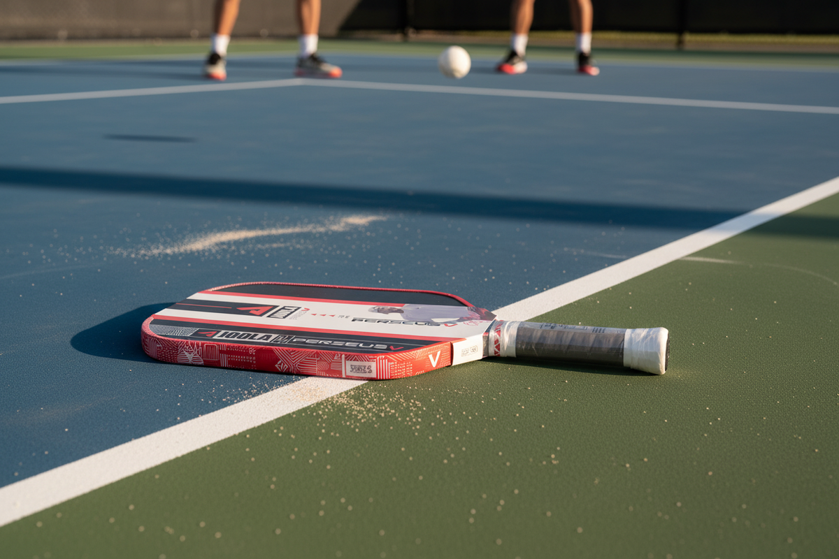 JOOLA Perseus V Pro paddle on outdoor pickleball court
