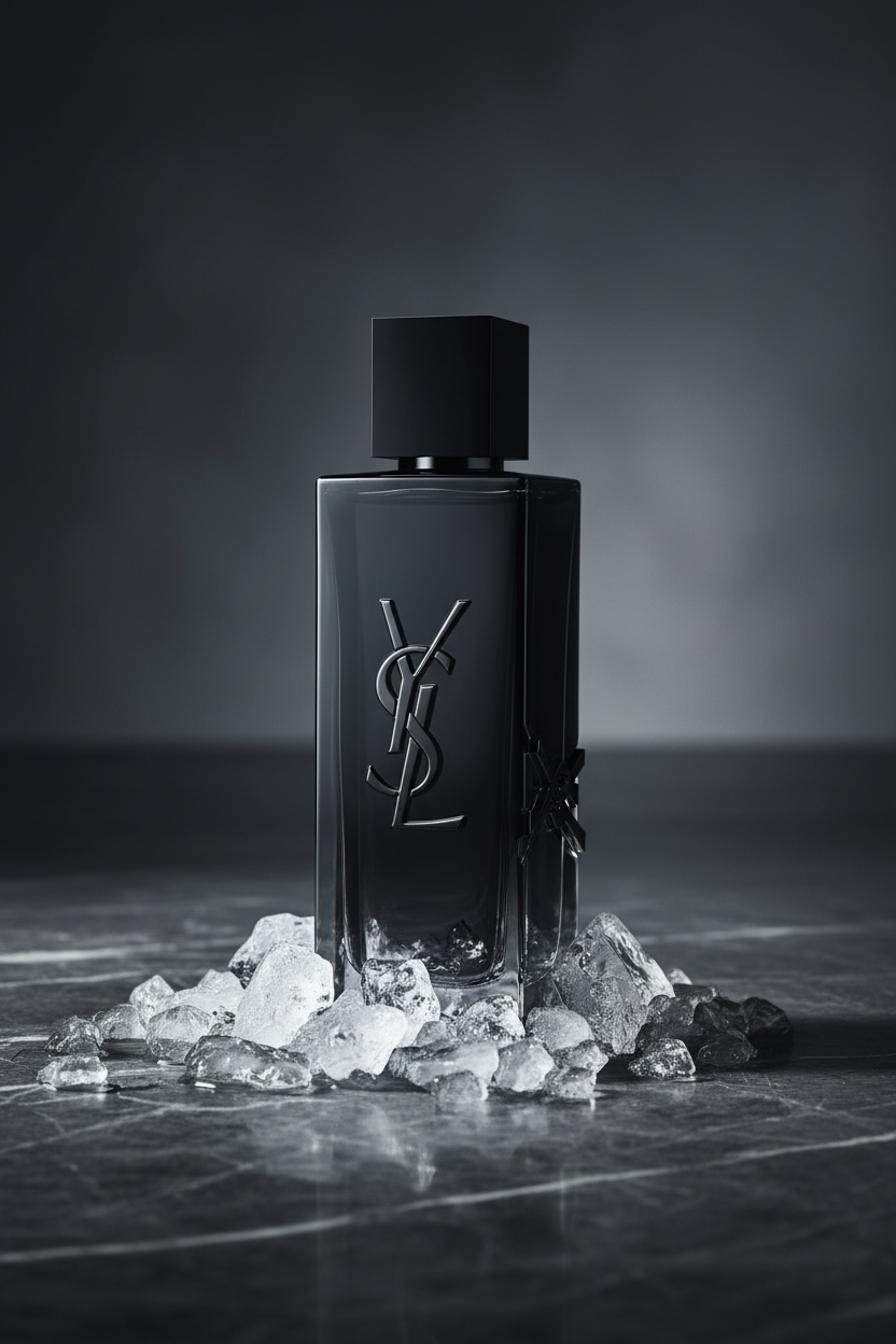 YSL MYSLF bottle on dark marble with ice crystals