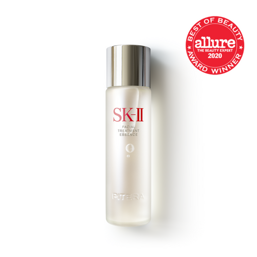 Front view of SK-II PITERA Facial Treatment Essence bottle showcasing its sleek design and elegant label.